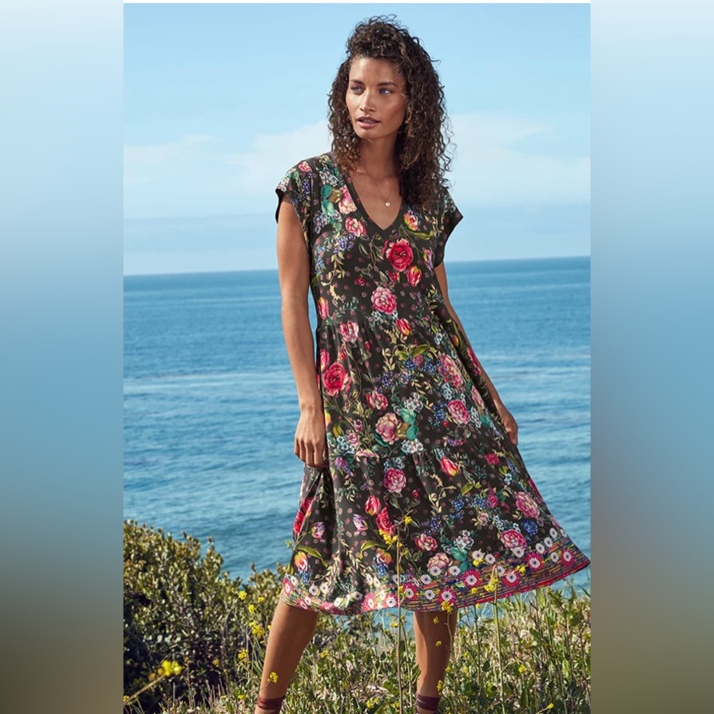 Johnny Was- Naomi V-Neck Tiered Tea Length Dress